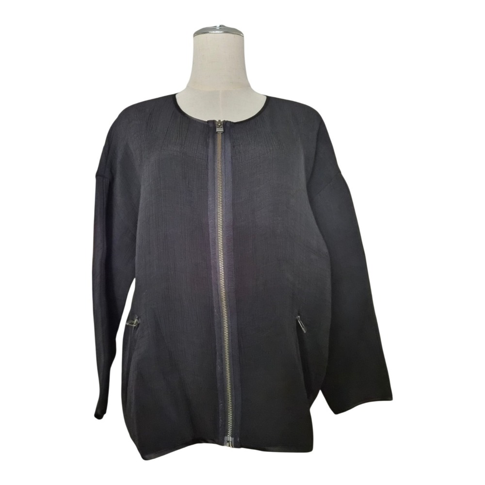 Eileen Fisher Two-Way Zip Jacket Large Black Silk Blend Textured Lightweight